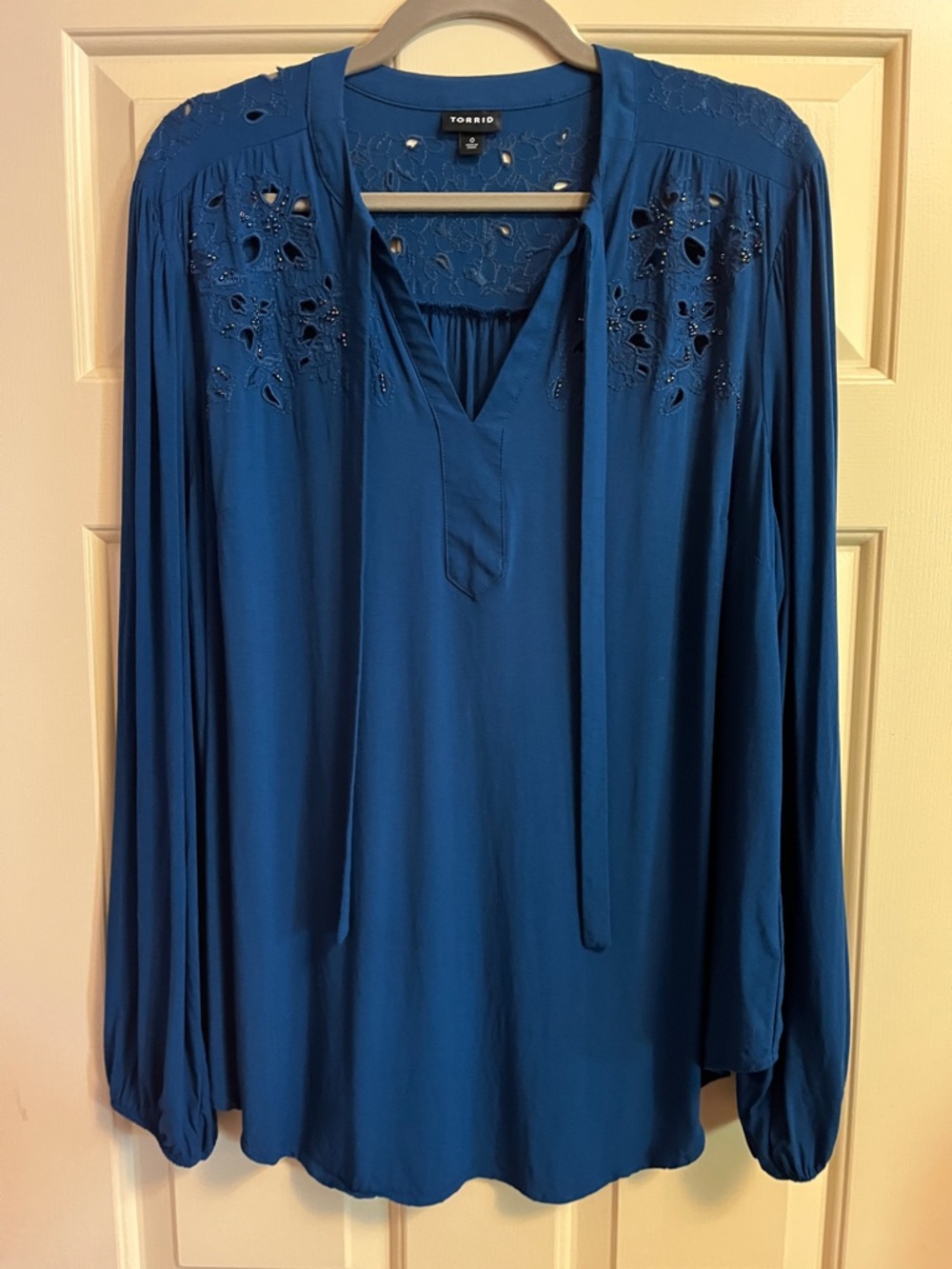 torrid teal Blue Embroidered Tie-Neck Peasant Blouse worn once